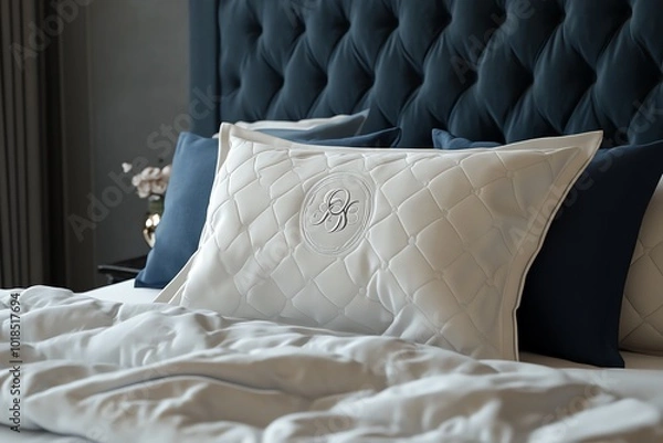 Fototapeta Elegant bedroom with plush bedding and embroidered pillows, offering a cozy and luxurious atmosphere for relaxation and comfort.
