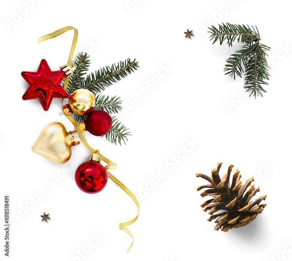 Fototapeta art Christmas tree branch and pine cone and Christmas decoration. Holidays design element isolated on transparent background. True neutral soft sheer shadow