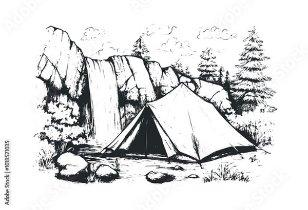Fototapeta Camping near a waterfall with a tent in nature. Vector retro hand drawn illustration.