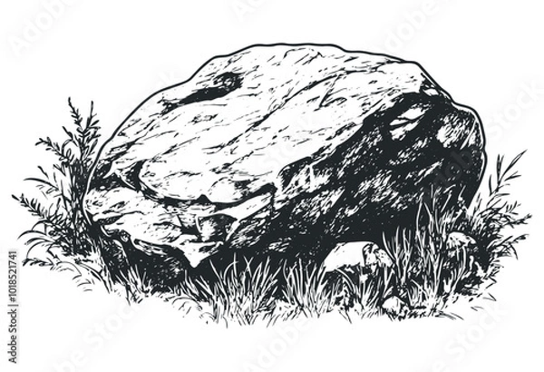 Fototapeta Large boulder surrounded by grass and plants. Vector retro hand drawn illustration.