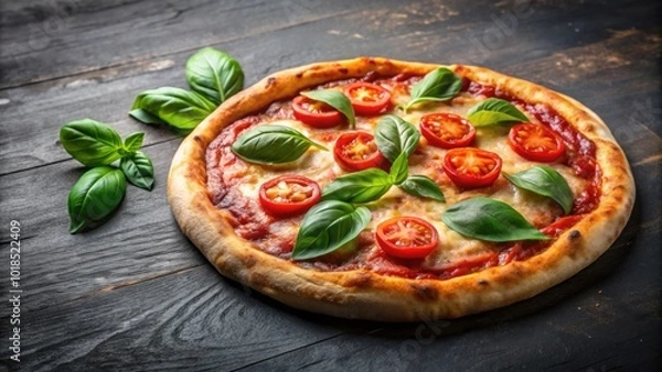 Obraz Fresh baked thin crust Italian pizza with tomato sauce, pepper, cheese, and basil leaf on a dark rustic table background