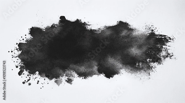 Obraz black watercolor effect on a wet white canvas background, overlay mask alpha ink drop layer centered on a white paper