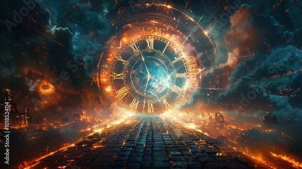 Fototapeta Produce a 3D effect movie poster for a time-travel adventure, with elements from different eras overlapping