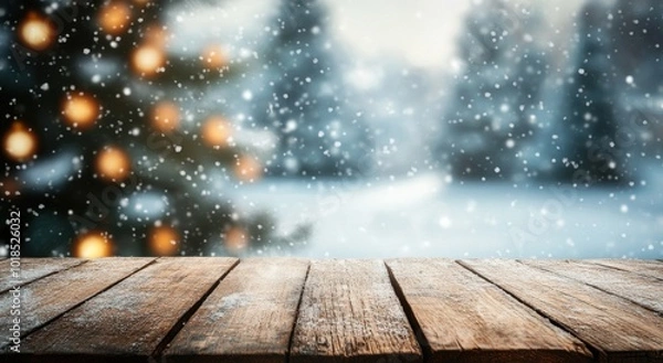 Fototapeta A serene winter scene featuring falling snowflakes and a warm wooden table, perfect for holiday themes and cozy gatherings.
