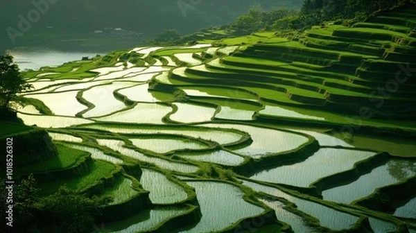 Fototapeta A serene sunrise over terraced rice fields, with vibrant green landscapes and calm waters creating a peaceful, breathtaking scene.