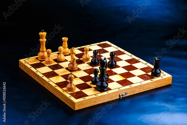 Obraz Wooden chess pieces on the chessboard. Intellectual game -chess. Chess pieces on the Board. A game of chess.