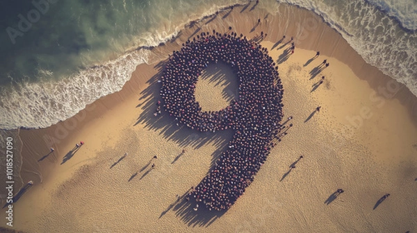 Obraz Aerial view of a large number of people gathered on the beach forming the number nine during a sunny day