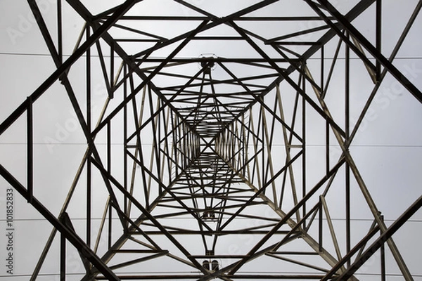Fototapeta Overhead Cables from Bottom View.  High Voltage Pylon