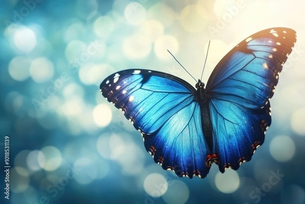 Obraz A stunning blue butterfly gracefully flutters against a soft, enchanting bokeh background, showcasing nature's delicate beauty.