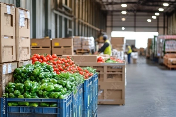 Fototapeta A food distribution center with workers loading crates of fresh vegetables and fruits onto delivery trucks, with a warehouse filled with pallets of packaged goods ready for retail stores