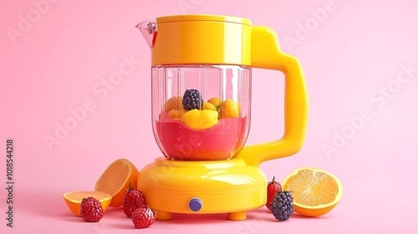 Fototapeta Yellow Blender with Fresh Fruit Smoothie on Pink Background