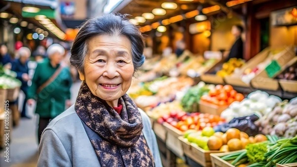 Fototapeta 活気に満ちた市場での日本人シニア女性の食料品買い物体験