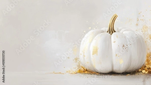 Fototapeta A white pumpkin with elegant gold accents on a light background, resembling a festive decoration.