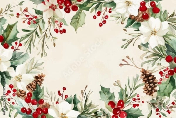 Fototapeta New Year or Christmas background frame of fir branches, cones and berries on a beige background, space for text, for invitations or banners