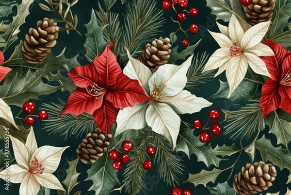 Fototapeta Christmas watercolor illustration, seamless botanical pattern of red and white flowers, green leaves, holly , pines and red berries on  dark green background, for printing on fabric or wrapping paper