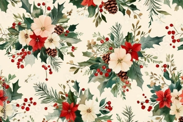 Obraz Christmas watercolor illustration, seamless botanical pattern of red and white flowers, green leaves, holly and red berries on white background, for printing on fabric or wrapping paper