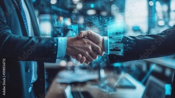 Obraz Close-up handshake with digital data overlay effect