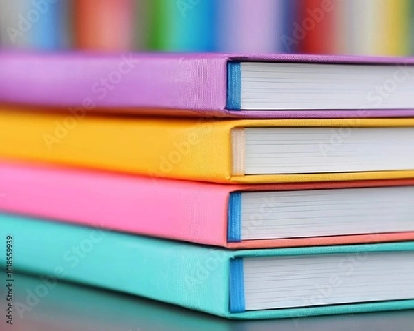 Fototapeta Colorful stacked notebooks on a blurred background