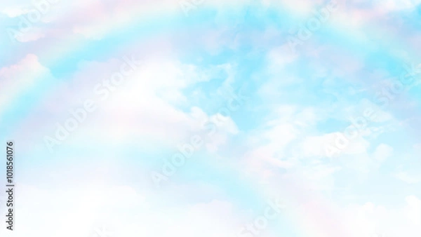Fototapeta Natural scenery background blue sky with bright white clouds and rainbow effect. Vector illustration.