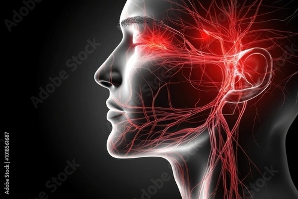 Obraz An illustration of the trigeminal nerve's three branches extending across the face, with vivid red highlights around key pain areas, visually representing trigeminal neuralgia