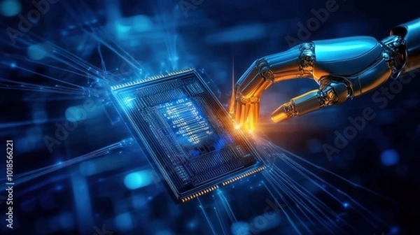 Fototapeta Robotic hand interacting with digital circuit board