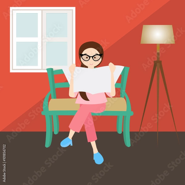 Fototapeta woman reading in corner  living room house home window glasses 