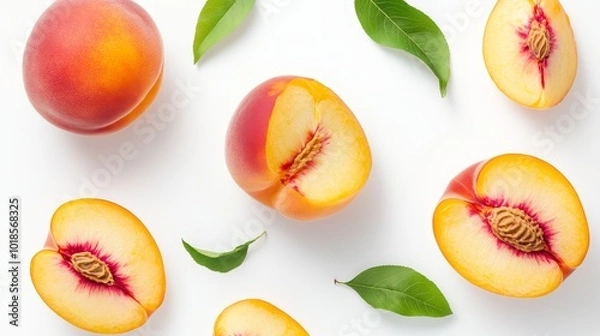 Obraz A ripe peach with leaf on a white background, surrounded by peach slices. There is a clipping path included in the file.