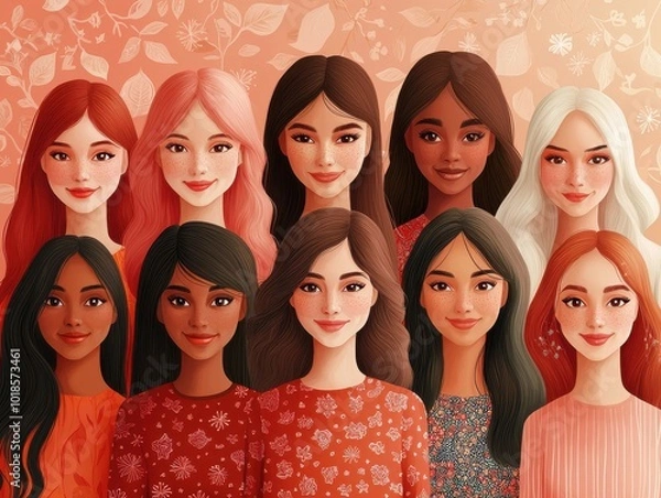 Fototapeta Diverse group of women smiling together against a floral background.