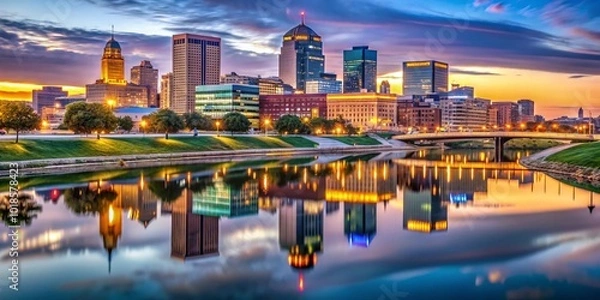 Fototapeta Des Moines, IA dazzles at dusk with a vibrant skyline, showcasing stunning reflections that enhance the cityscape's