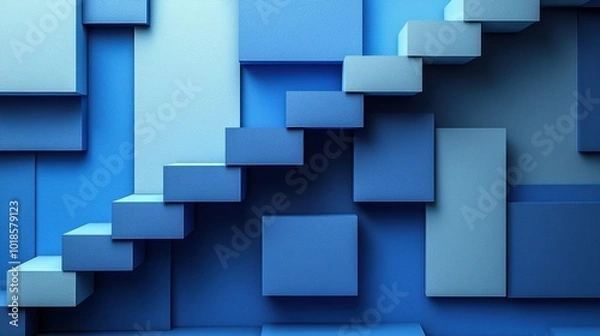 Fototapeta Abstract arrangement of blue geometric shapes creates a stair-like illusion in a modern art display