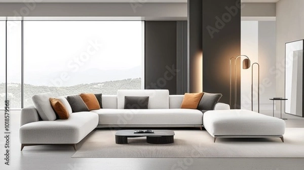 Fototapeta Comfortable fabric sofa with an L-shape design, placed in a modern living room with minimalist decor and large windows.