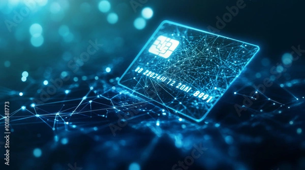 Fototapeta A futuristic credit card, made of glowing stars, lines, and triangles, stands out against a dark blue background. This image represents the idea of online payments, using a modern, geometric design.