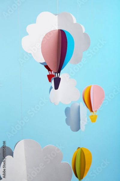 Fototapeta Paper clouds and airship on blue background