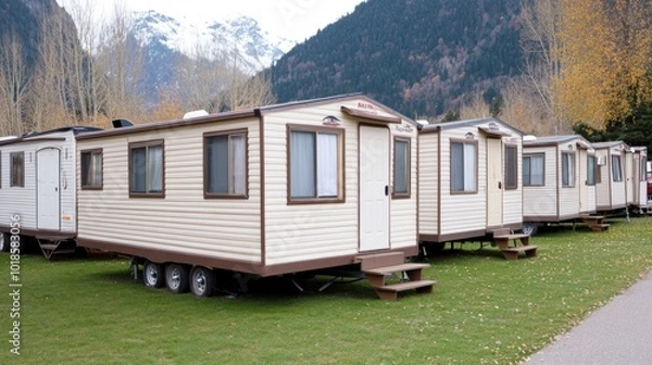 Fototapeta Mobile homes lined up in a trailer park, showcasing alternative housing options for those seeking affordable living spaces
