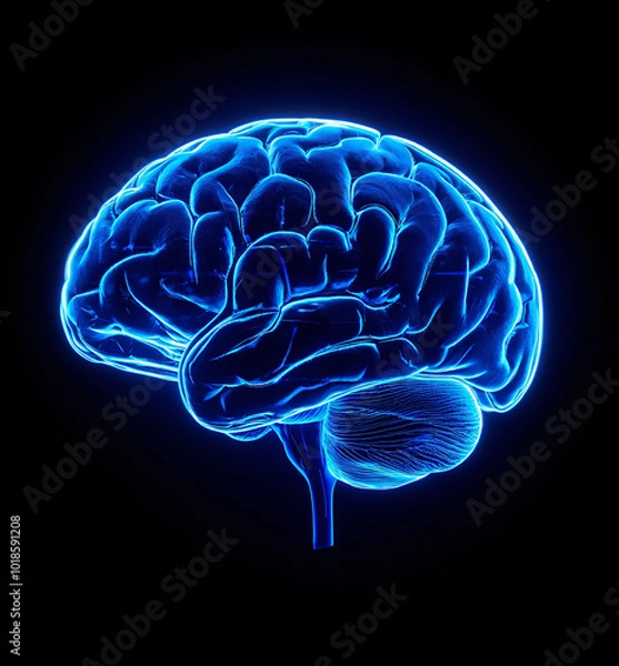 Fototapeta Holographic human brain model, neon human brain graphics, medical progress, biomedical engineering, telemedicine, ai in medicine