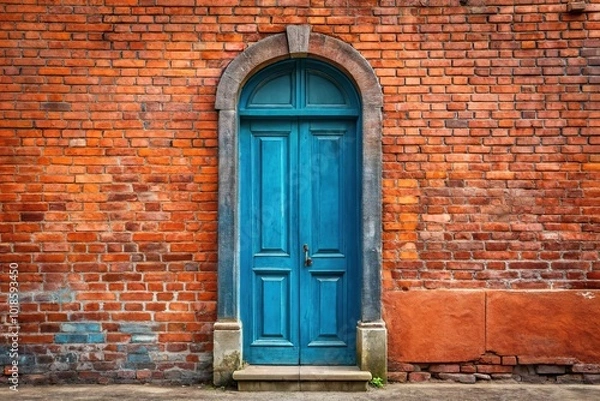 Fototapeta Antique blue European doorway with brick red wall and long shot view
