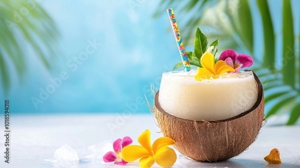 Fototapeta A tropical cocktail served in a coconut shell with colorful flowers and a straw, giving a beachy vibe.