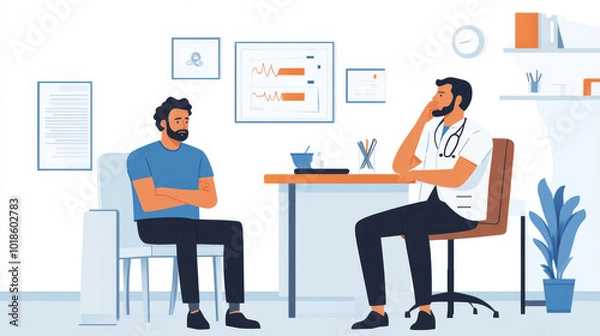 Fototapeta A man with a headache is visiting a doctor for help. The doctor is listening to his concerns.