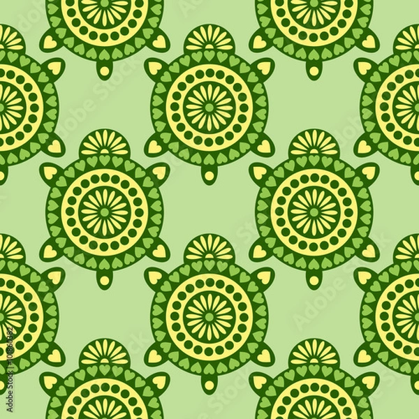 Fototapeta Seamless vector pattern with animals. Symmetrical background with closeup decorative turtles on the green backdrop. Series of Animals and Insects Seamless Patterns.