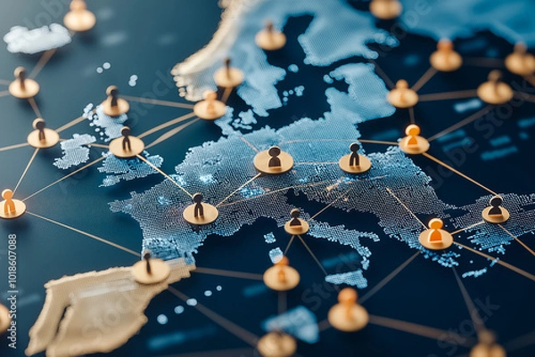Fototapeta digital map of Europe showcasing network of connections with people icons, symbolizing global communication and collaboration. glowing connections create sense of unity and interaction