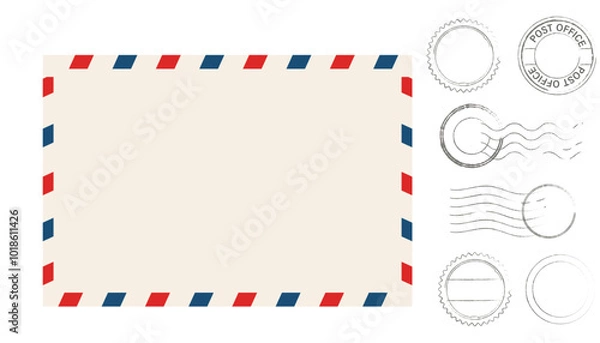 Obraz Airmail blank postcard template retro border envelope with stripes stamps set. Paper texture, vintage mail. Air post letter. Blank envelope