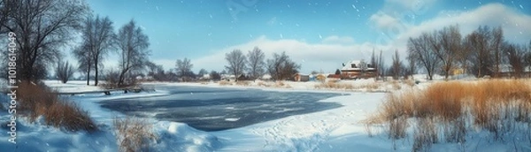 Fototapeta A serene winter landscape featuring a frozen lake, snow-covered trees, and a clear blue sky, evoking tranquility and beauty.