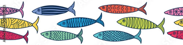 Fototapeta Vector seamless horizontal border with fish. Cute illustration.  Sardines.