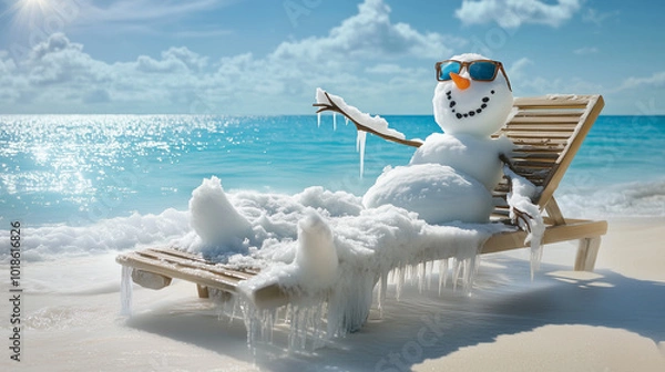 Fototapeta Winter Christmas travel. Snowman lounging on a sunny beach, with sunglasses and icicles, humorously merging winter and summer in playful holiday getaway ocean concept. Image made using Generative AI.