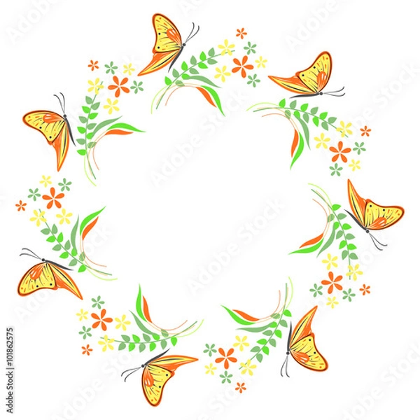 Fototapeta Floral frame with insects. Colorful flowers, leaves and butterflies arranged in a shape of the circle. Vector design. Series of Cards, Blanks and Forms.