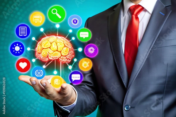 Fototapeta A businessman holds his hand out, with an AI brain graphic floating above it, surrounded by icons representing various business and technological elements.