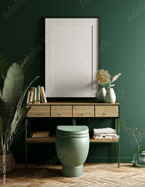 Obraz Mock-up Frame in Modern Dark Green Home Interior - 3D Render