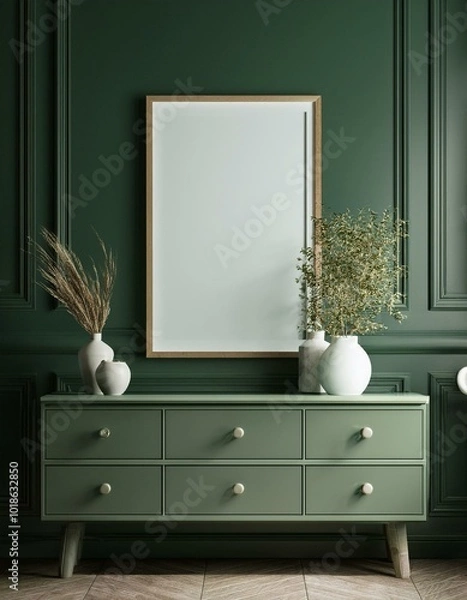 Obraz Mock-up Frame in Modern Dark Green Home Interior - 3D Render