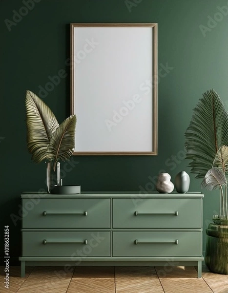 Fototapeta Mock-up Frame in Modern Dark Green Home Interior - 3D Render