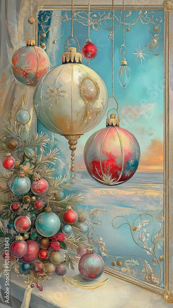 Obraz christmas balls on a window. background